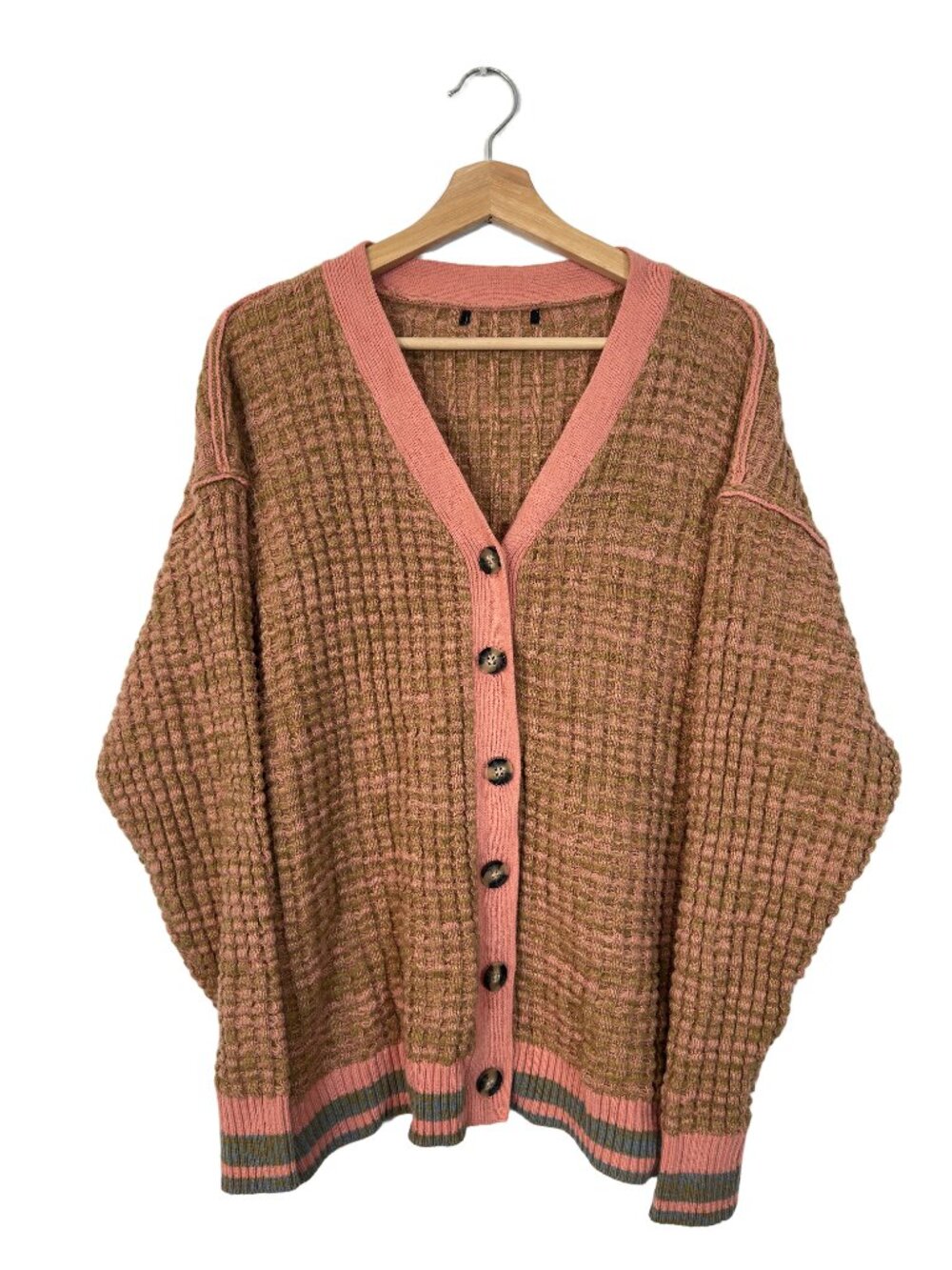 Women's Waffle Knit V-Neck Cardigan Size L Fall Layering Classic Comfy Warm Lux